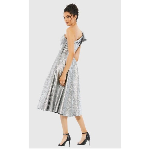 MAC DUGGAL One Shoulder Bow Midi Dress Size 2 Silver NEW Party Formal Wedding - Picture 2 of 14